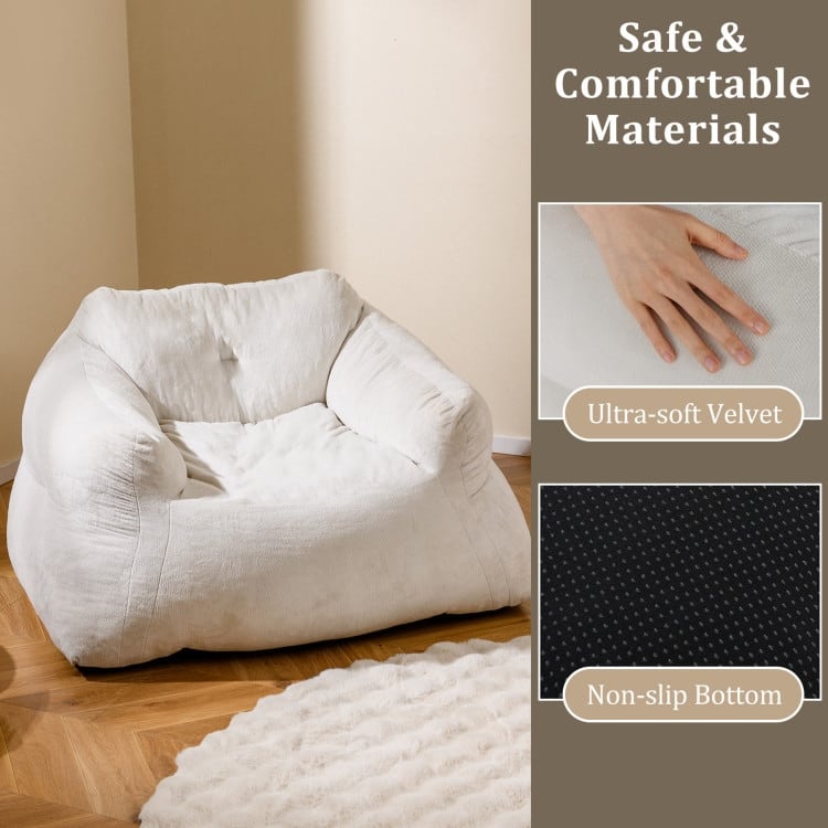 Beige Velvet Bean Bag Chair with Ergonomic Design and Padded Armrests - 51" x 44" x 27"