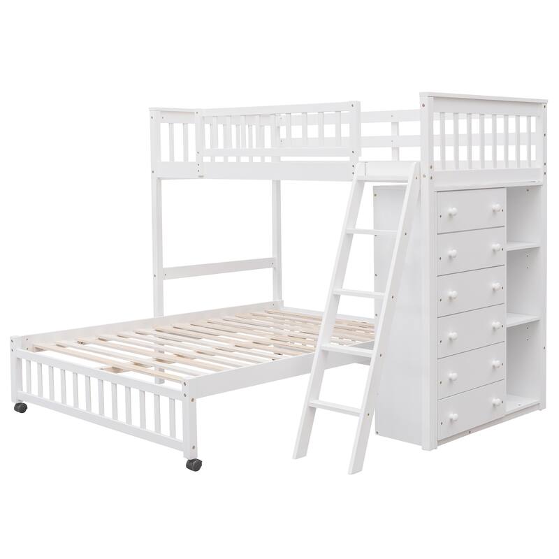 Wooden Twin Over Full Bunk Bed with Storage Drawers and Flexible Shelves - Sturdy Construction, Space-Saving Solution