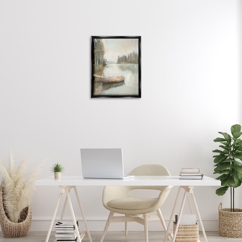 Stupell Canoe at Quiet Dock Framed Floater Canvas Wall Art Design By Petal Prints Design