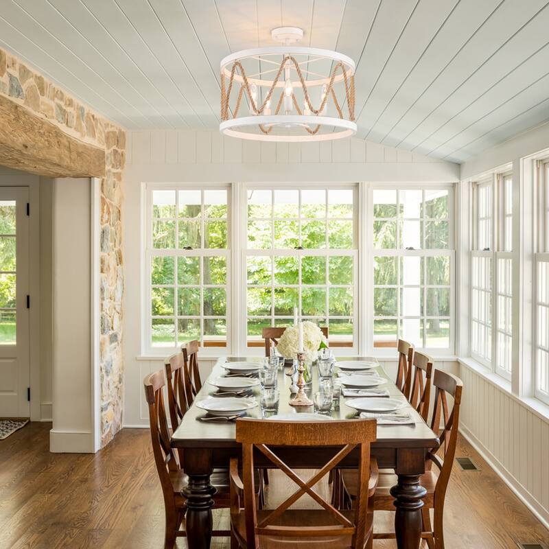 19.68 in. 5-Light Metal Hemp Rope Candlestick Semi-Flush Mount Light Ceiling Light for Kitchen Island