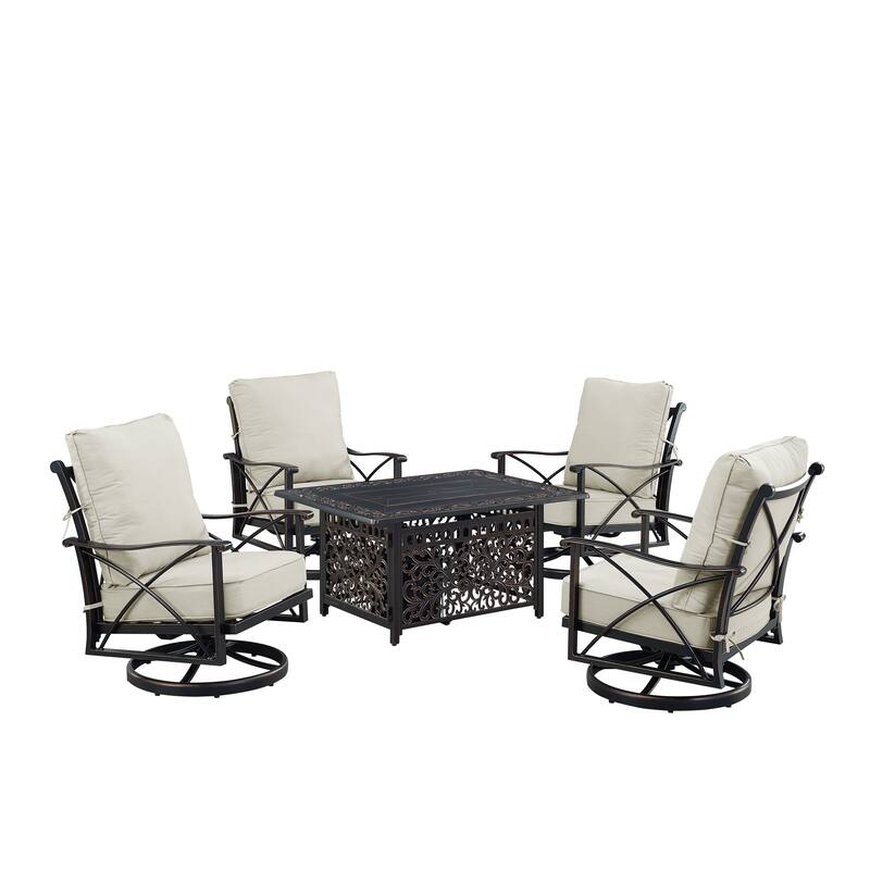 Black Aluminum Fire Table Set with Four Club Chairs