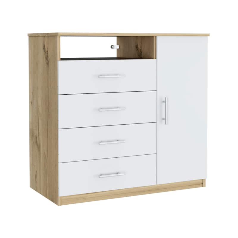 TUHOME Peru 4 Drawer Dresser with Vertical Cupboard & Open Shelf