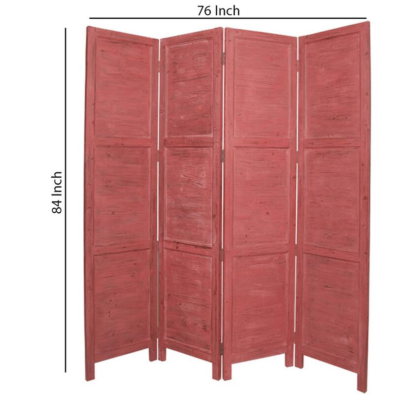 Wooden 4 Panel Foldable Floor Screen with Textured Panels, Red