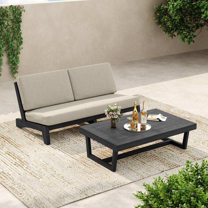 3-Seat Outdoor Sofa Set with Solid Wood Coffee Table, Weather-Resistant Cushions - Light Camel/Coffee Table - Black Wood