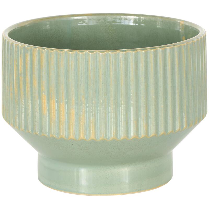 Ceramic Wide Indoor Outdoor Planter with Linear Grooves and Tapered Bases - Set of 3 Green, White, Cream - Roche River Decor
