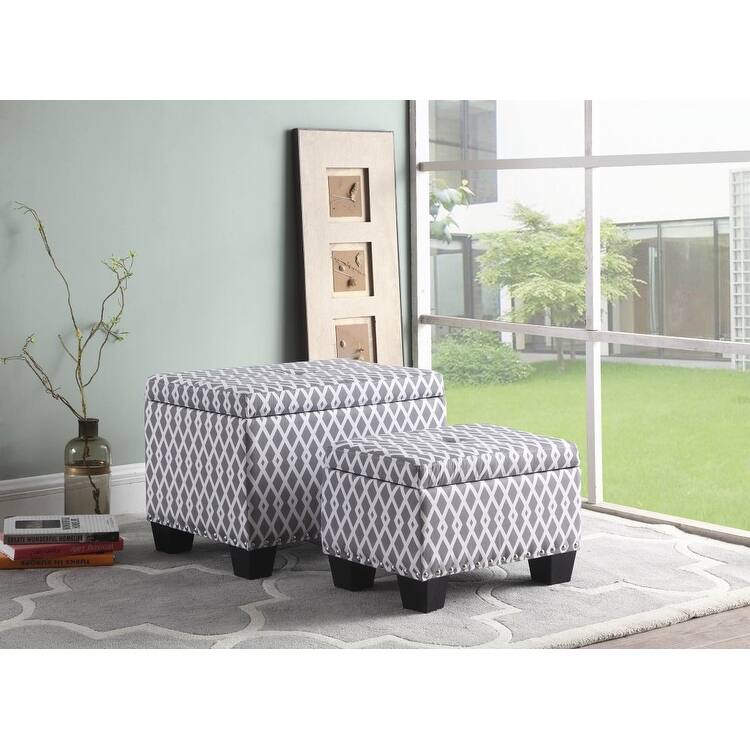 Set of Two Gray and White Diamonds Storage Ottomans