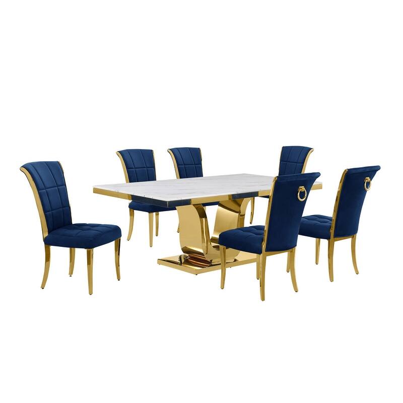 Best Quality Furniture D321-SC324-7 Dining Set with 78" White Marble Top