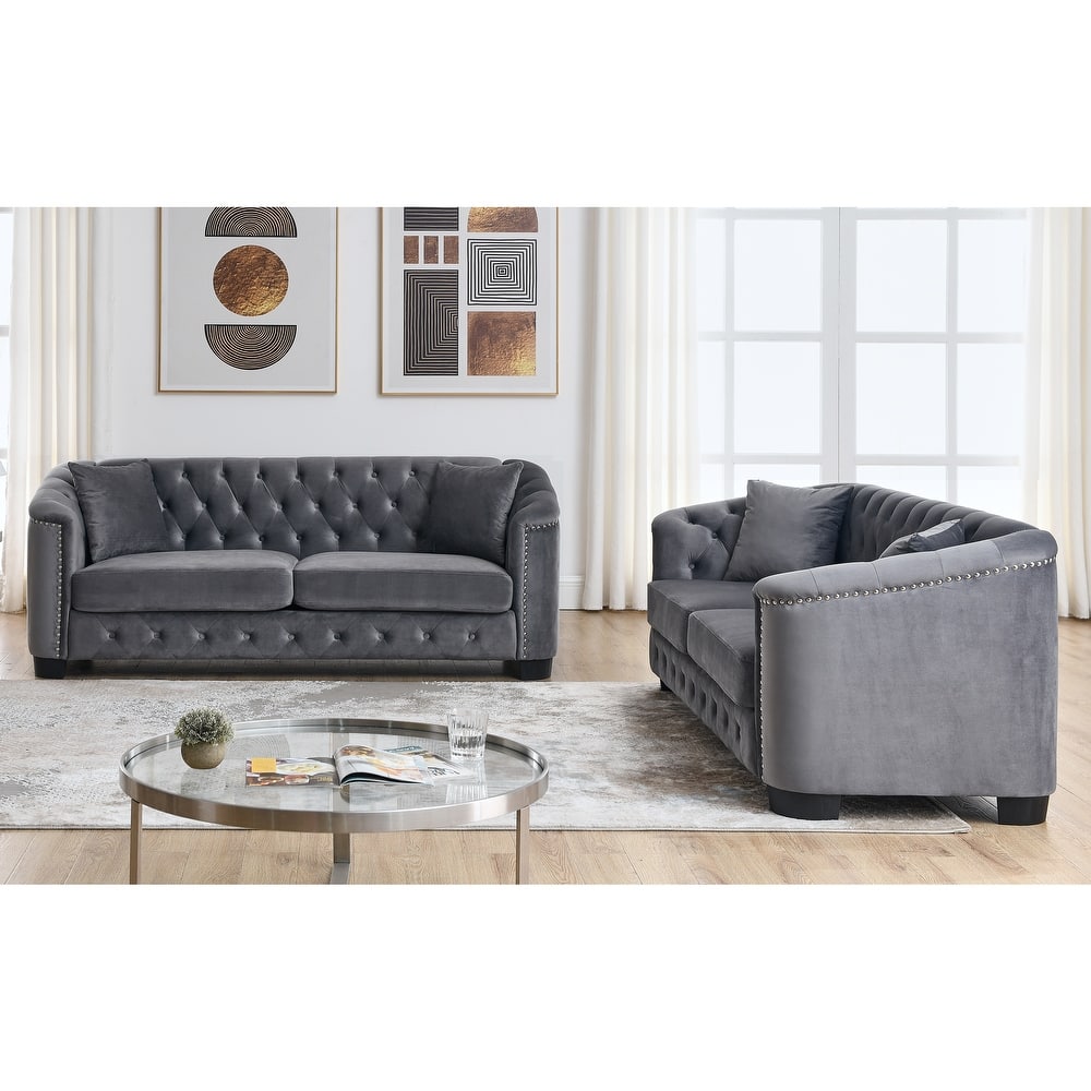 Roomfitters 5-Seater Chesterfield Sofa Set, 3+2 Velvet Tufted Couches with Rolled Arms, Nailhead Trim and Cushions