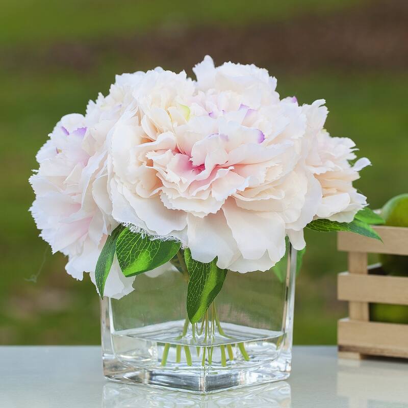 Enova Home Artificial Silk Peony Fake Flowers Arrangement in Cube Glass Vase with Faux Water for Home Wedding Decoration - N/A