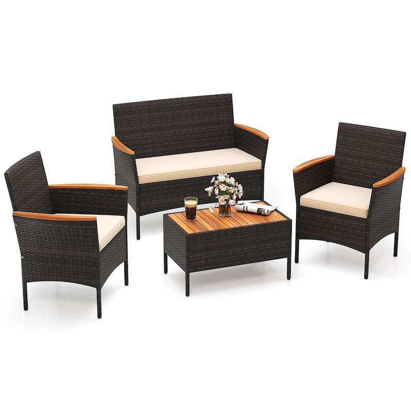 Costway 4 PCS Patio Wicker Sofa Set with Coffee Table Acacia Wood - See Details
