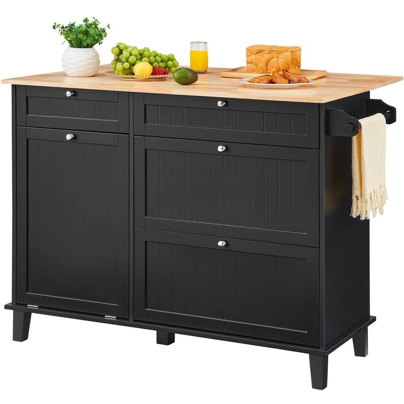 Black Kitchen Island Cart Serving Cabinet with 4 Storage Drawer 4 Multi-Functional Hooks - 50x29x37 inch