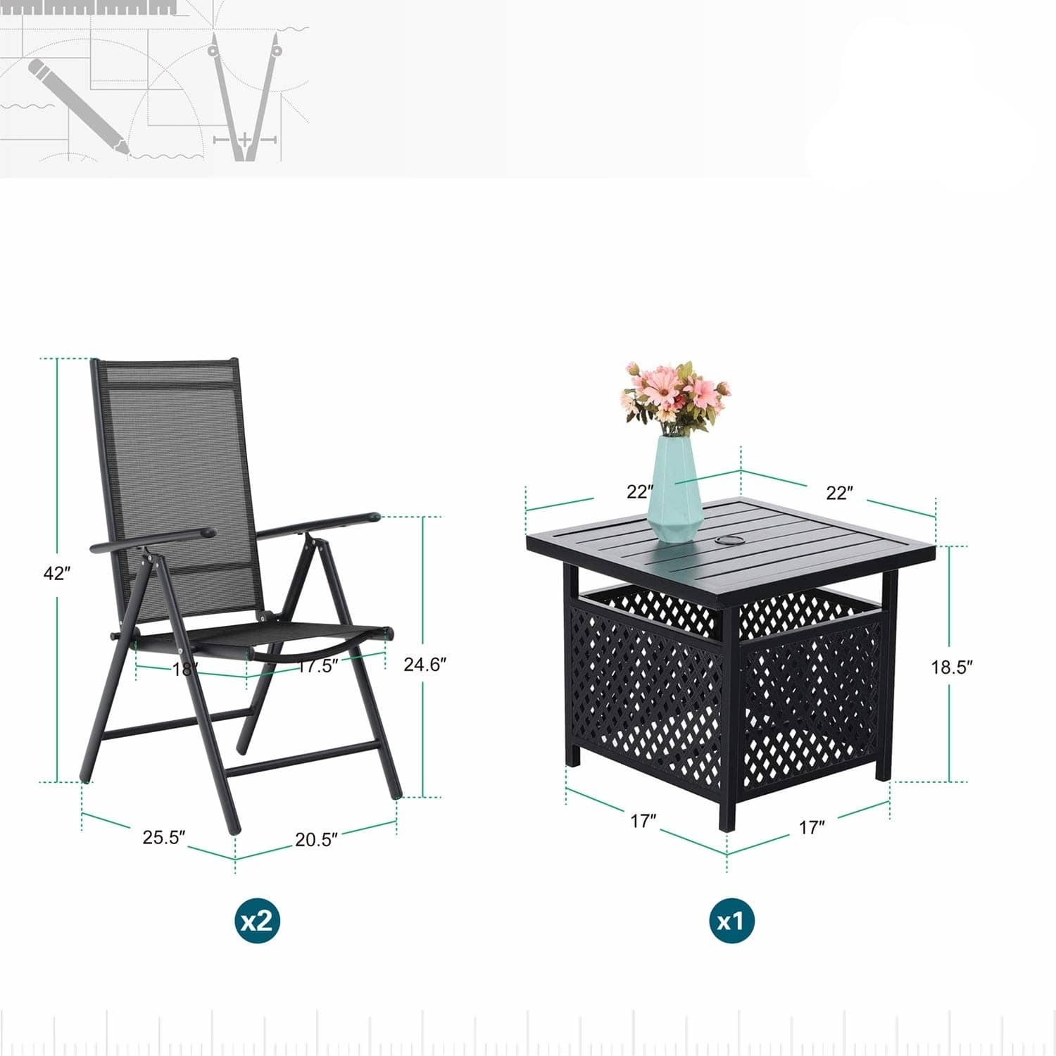 PHI VILLA 3Piece Metal Patio Dining Set, 1 Square Table with Umbrella
