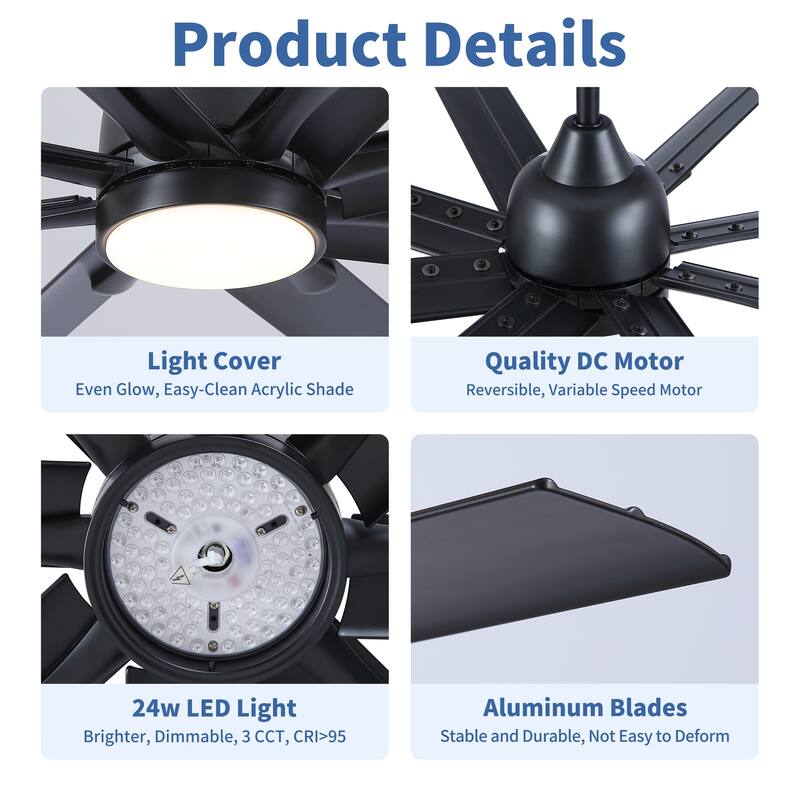 84 In Super Large Black Ceiling Fan with LED Light, 8 Aluminium Blades Ceiling Fan Chandelier - 84 Inch