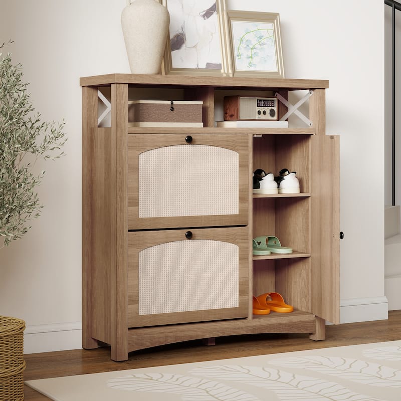 Moasis Farmhouse Rattan Shoe Cabinet with 2 Flip Drawers and Door - Oak