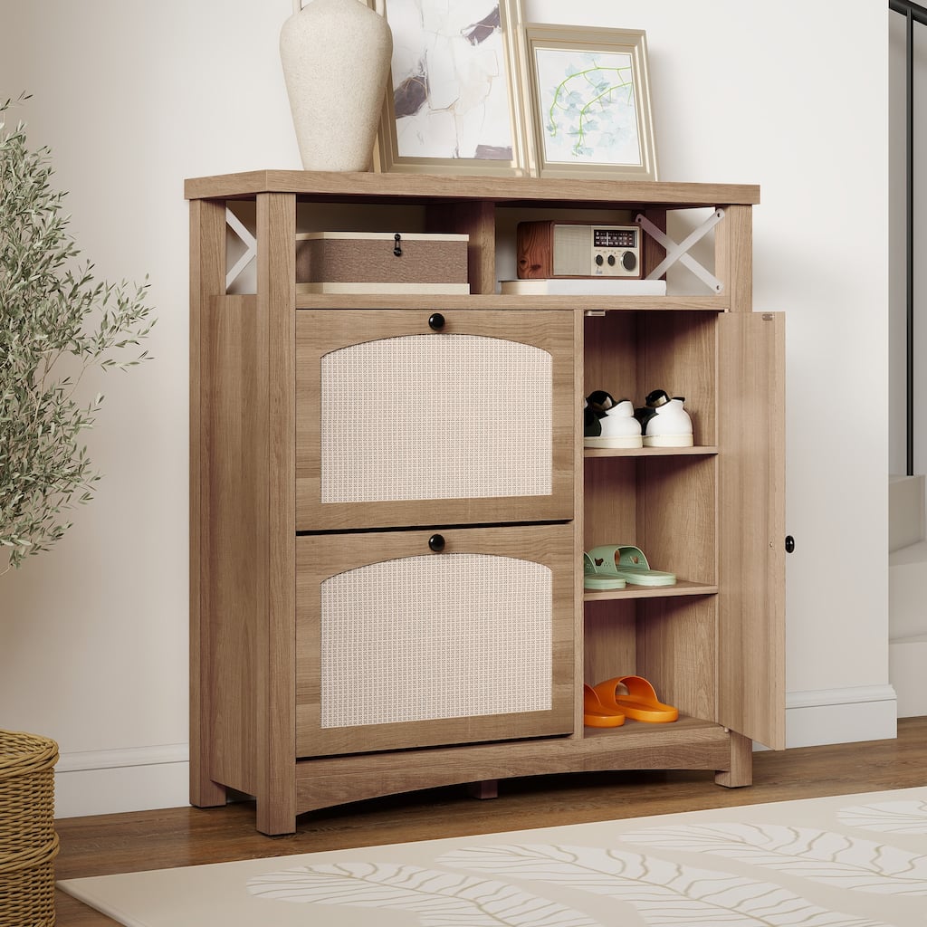 Moasis Farmhouse Rattan Shoe Cabinet with 2 Flip Drawers and Door