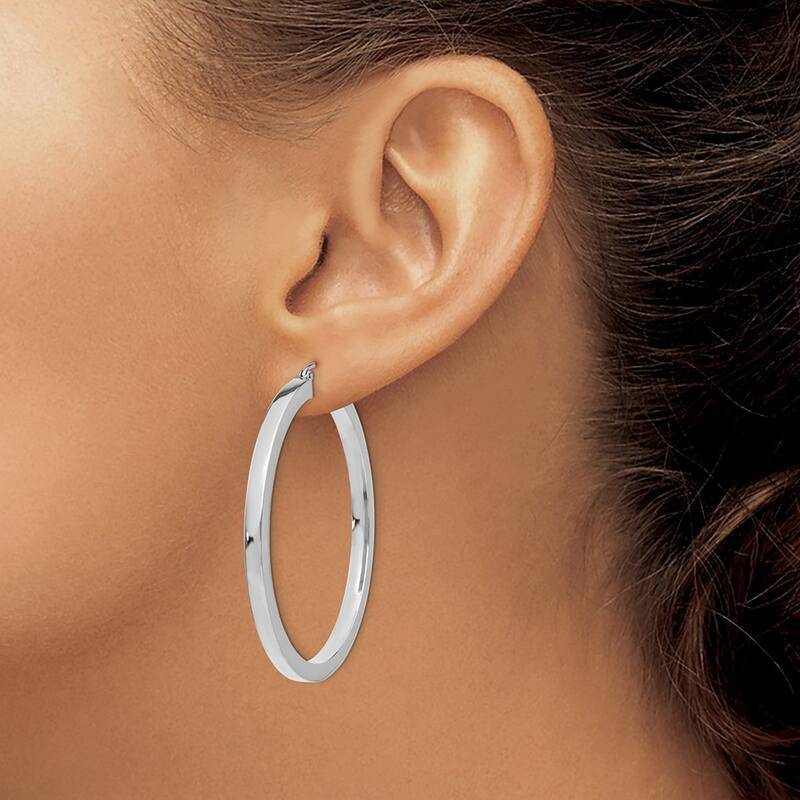 Curata 10k White Gold Solid 3mm Polished Squared Tube Hoop Earrings - 30mm 35mm 45mm