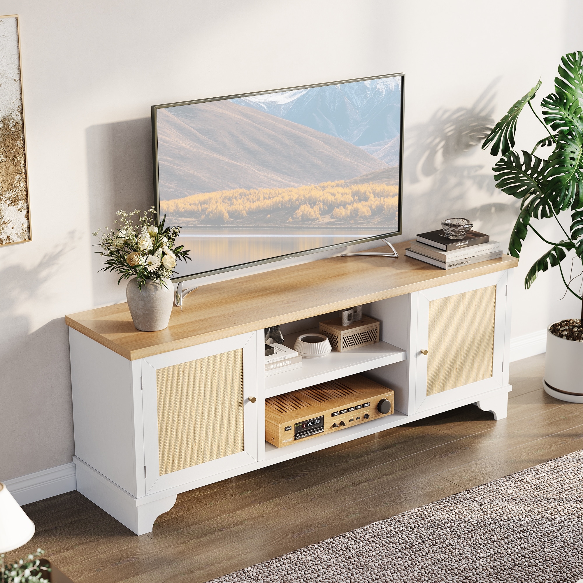 Bohemian TV Stand for 70" TVs, Media Console with 2 Door Cabinets and Open Shelves, Rattan Entertainment Center