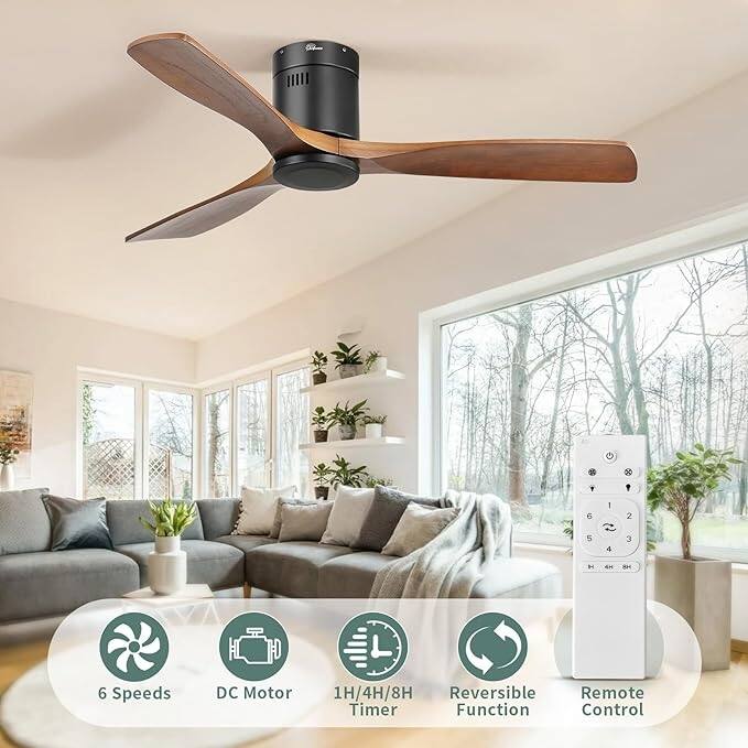 52" Flush Mount Ceiling Fan without Light,Reversible DC Motor,Wood Blades,Black and Walnut - 52 inch diameter