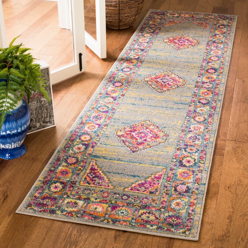 SAFAVIEH Madison Beverlee Vintage Boho Oriental Rug - 2'3" x 8' Runner - Light Grey/Fuchsia