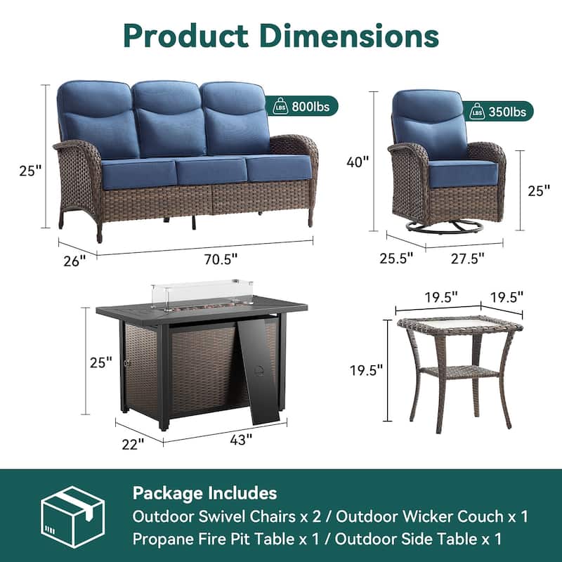 Pocassy Outdoor Sofa Swivel Chair and Ottman with Fire Pit Table