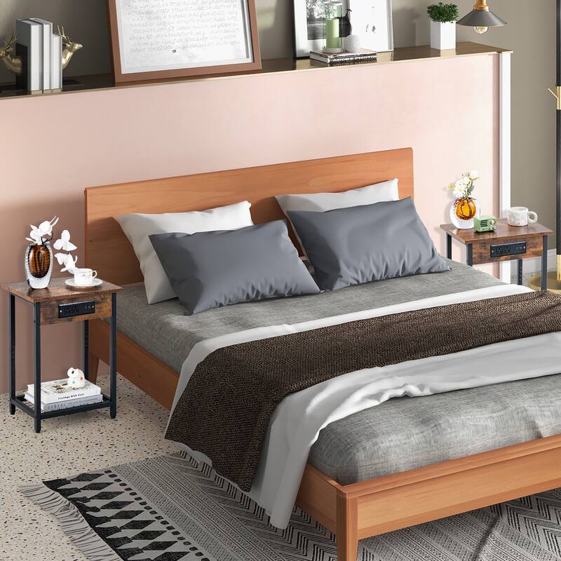 Gymax 2PCS Bedside Sofa Tables Nightstand w/ Charging Station for