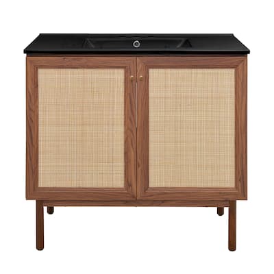 Classe 36 In. Brown Oak Bathroom Vanity With Black, 3-Hole Ceramic Sink Top