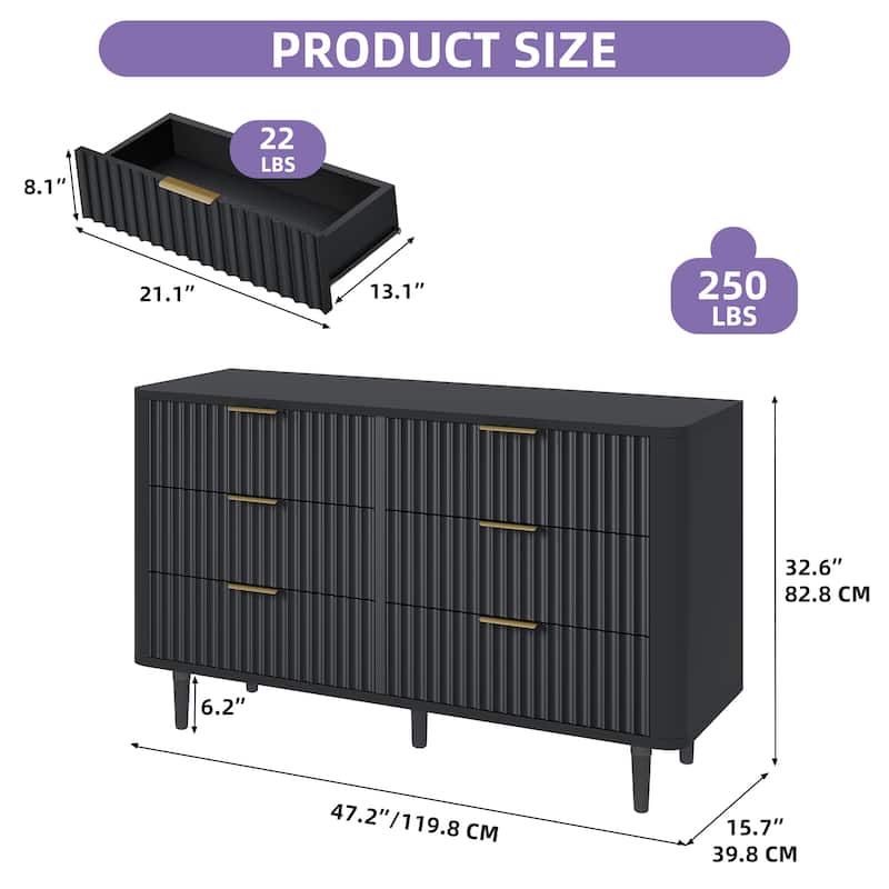 6 Drawer Wood Dresser with Wave Fluted Panel Storage Organizer for Bedroom