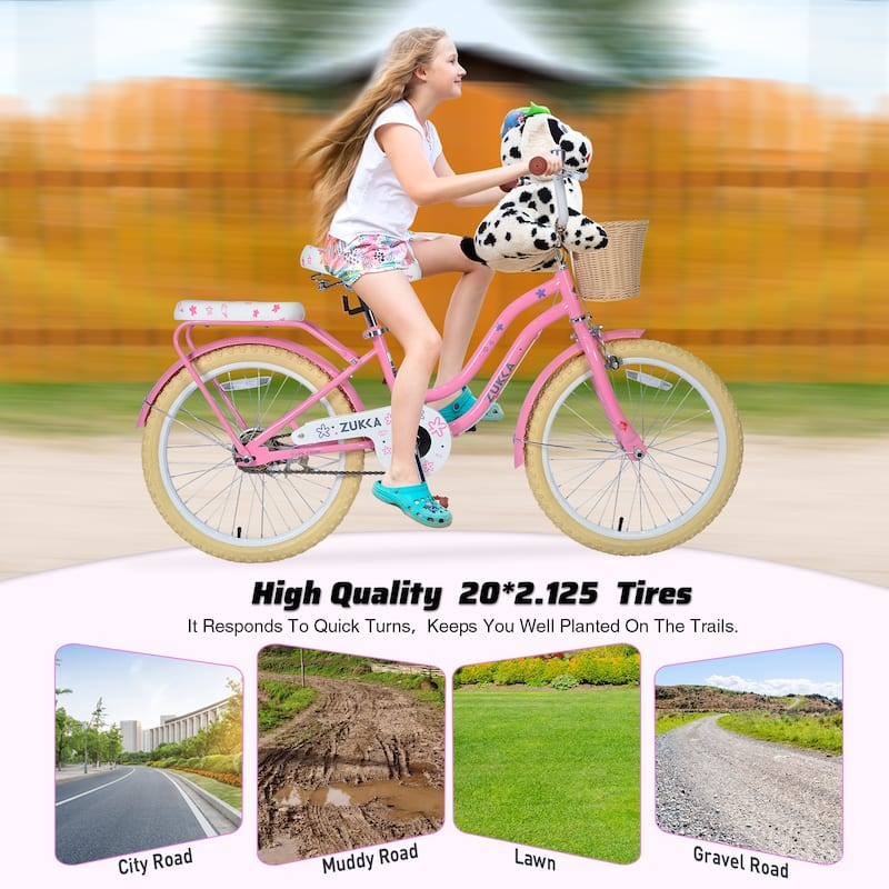 Multiple Colors,Girls Bike With Basket For 7-10 Years Old Kids,20 Inch Wheel,No Training Wheels Included