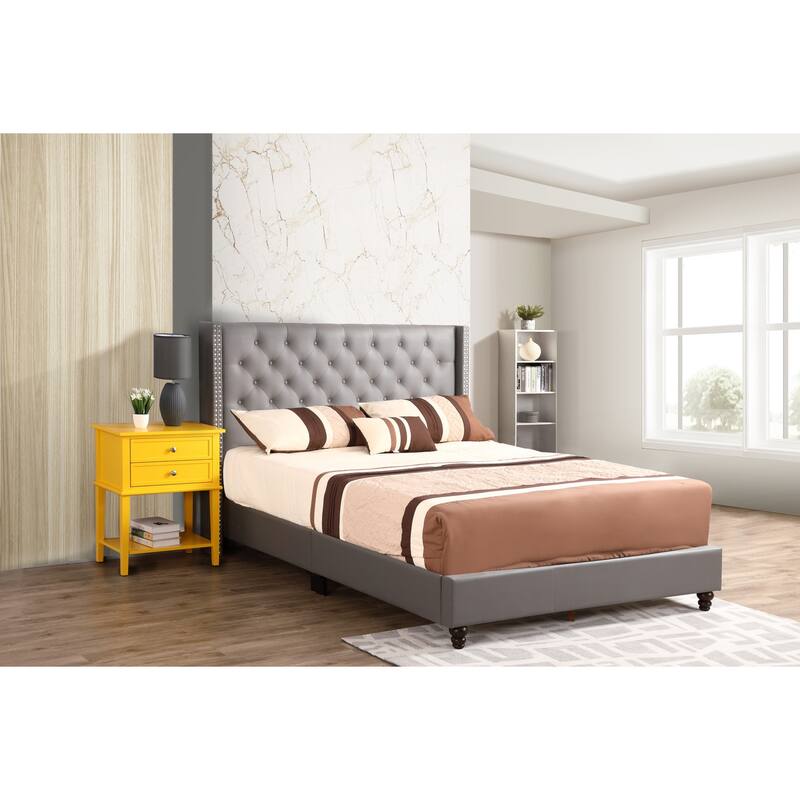 Upholstered Bed Frame 66x86 Inch - Grey Tufted Headboard Bed with Soft Fabric - Modern Bedroom Bed