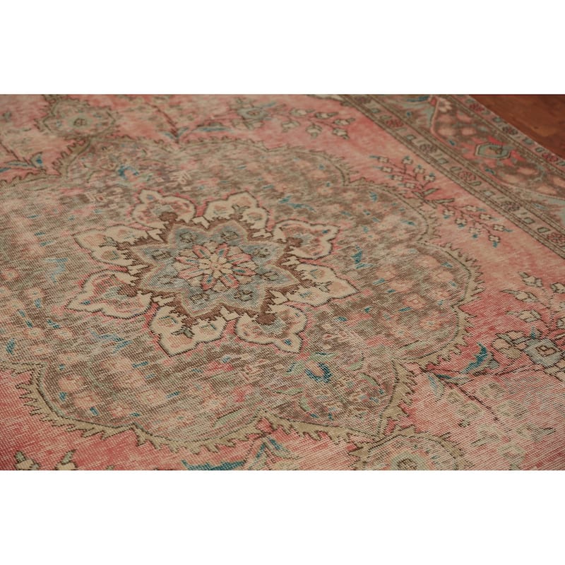 Pink Tabriz Persian Vintage Area Rug Handmade Wool Carpet - 6'3" x 9'5"