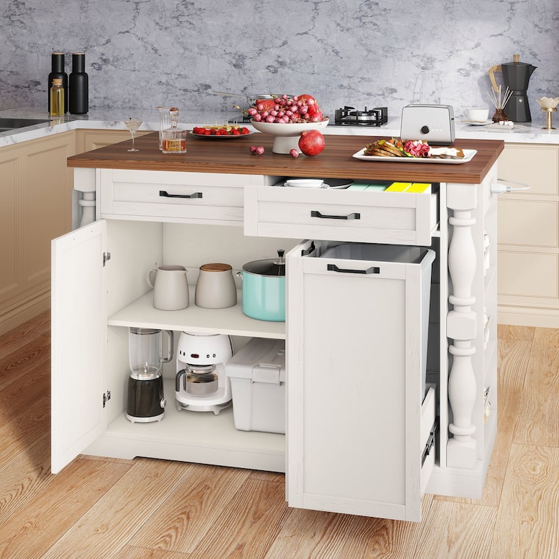 Mobile Kitchen Island with Drop Leaf Table Power Outlet and Pull-Out Trash Can for Space-Saving Storage