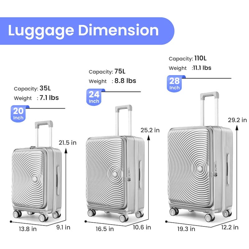 3 Piece PC Expandable Lightweight Carry On Luggage Sets with Front Pocket and Spinner Wheels & TSA Lock, for Men and Women