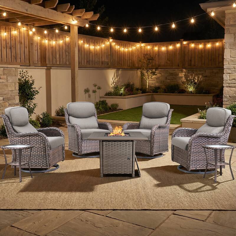 Pocassy Outdoor Propane Fire Pit Table with Sofa Swivel Chair Funiture Set. - Brown Wicker Gray Cushion - 7-Piece Swivel Chair Table w/ Fie Pit Table