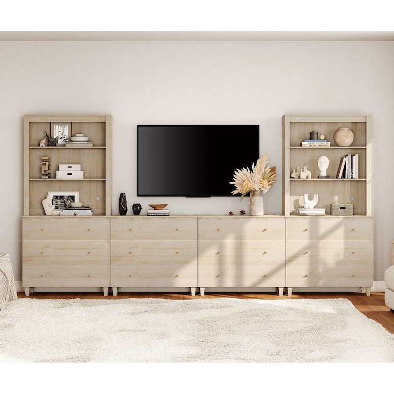 WAMPAT Entertainment Center for 75 Inches TVs with Bookshelves & Drawers - Light Oak