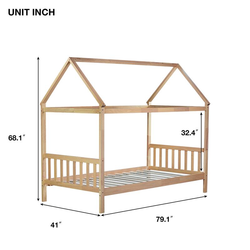 Twin Size House Bed with Headboard and Footboard, Underbed Storage - Rubberwood House-shaped Bed Frame for Children's Room
