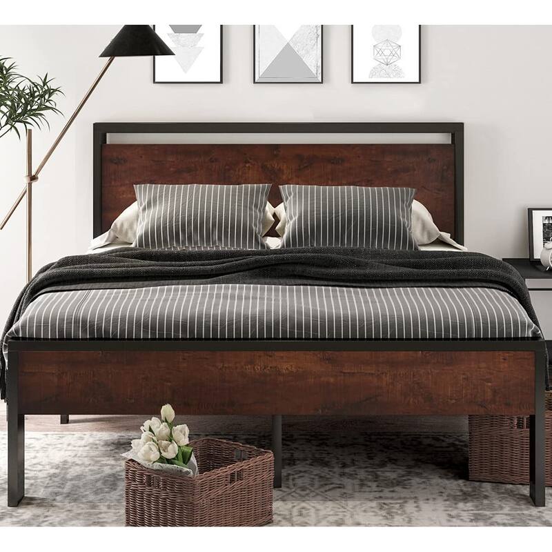 14 Inch Queen Size Metal Platform Bed Frame with Wooden Headboard and Footboard, Mattress Foundation, No Box Spring Needed