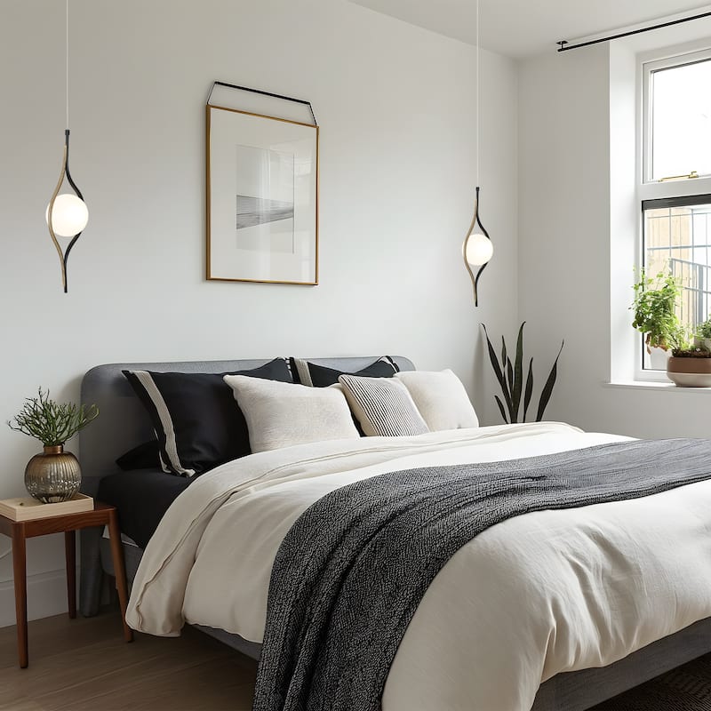 Modern Contemporary 1-Light Black Gold Kitchen Island LED Pendant Lights with Frosted Glass - 6.5" L x 5.5" W x 20" H