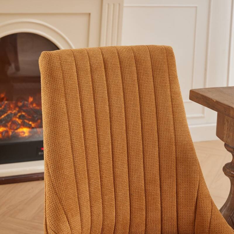 Set of 2 Modern Linen Upholstered Dining Chairs with High Back, Curved Wood Legs & Adjustable Feet