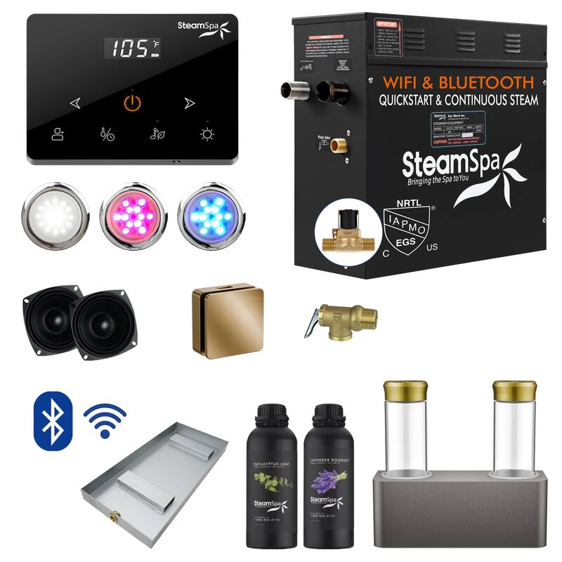 Black Series 7.5KW Steam Bath Generator with Wireless Remote, Bluetooth, WIFI, and Dual Aroma Pump - 7.5 KW - Gold