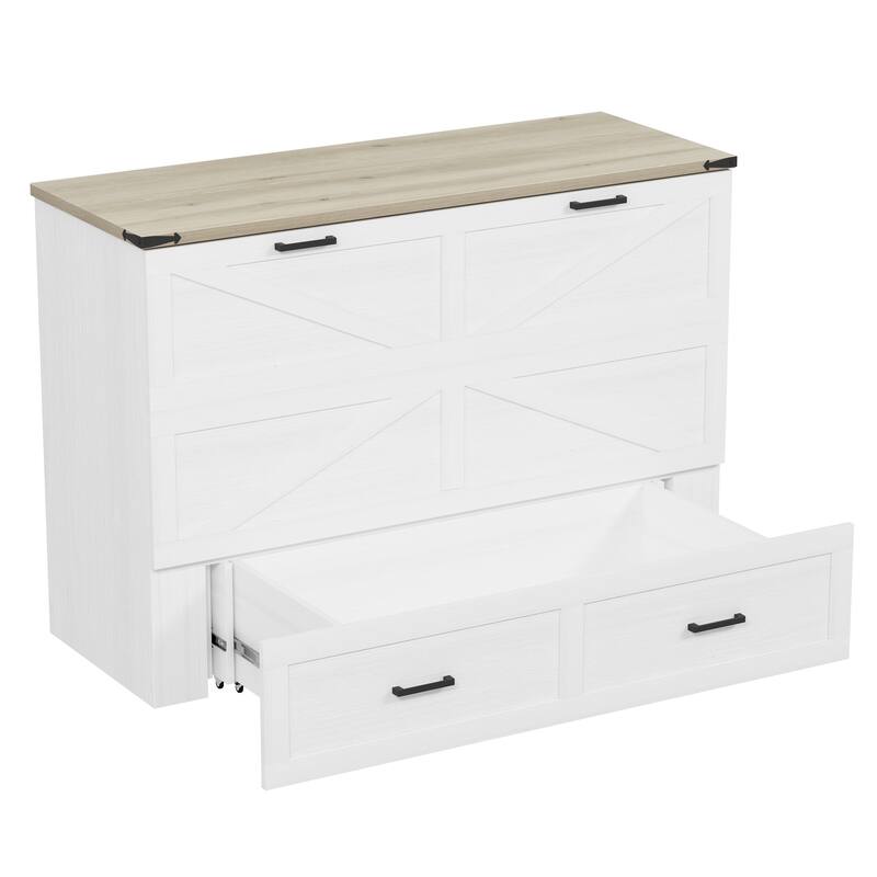 Queen Size Farmhouse Murphy Cabinet Bed with Charging Station, Foldable Platform Bed with Large Storage Drawer, White