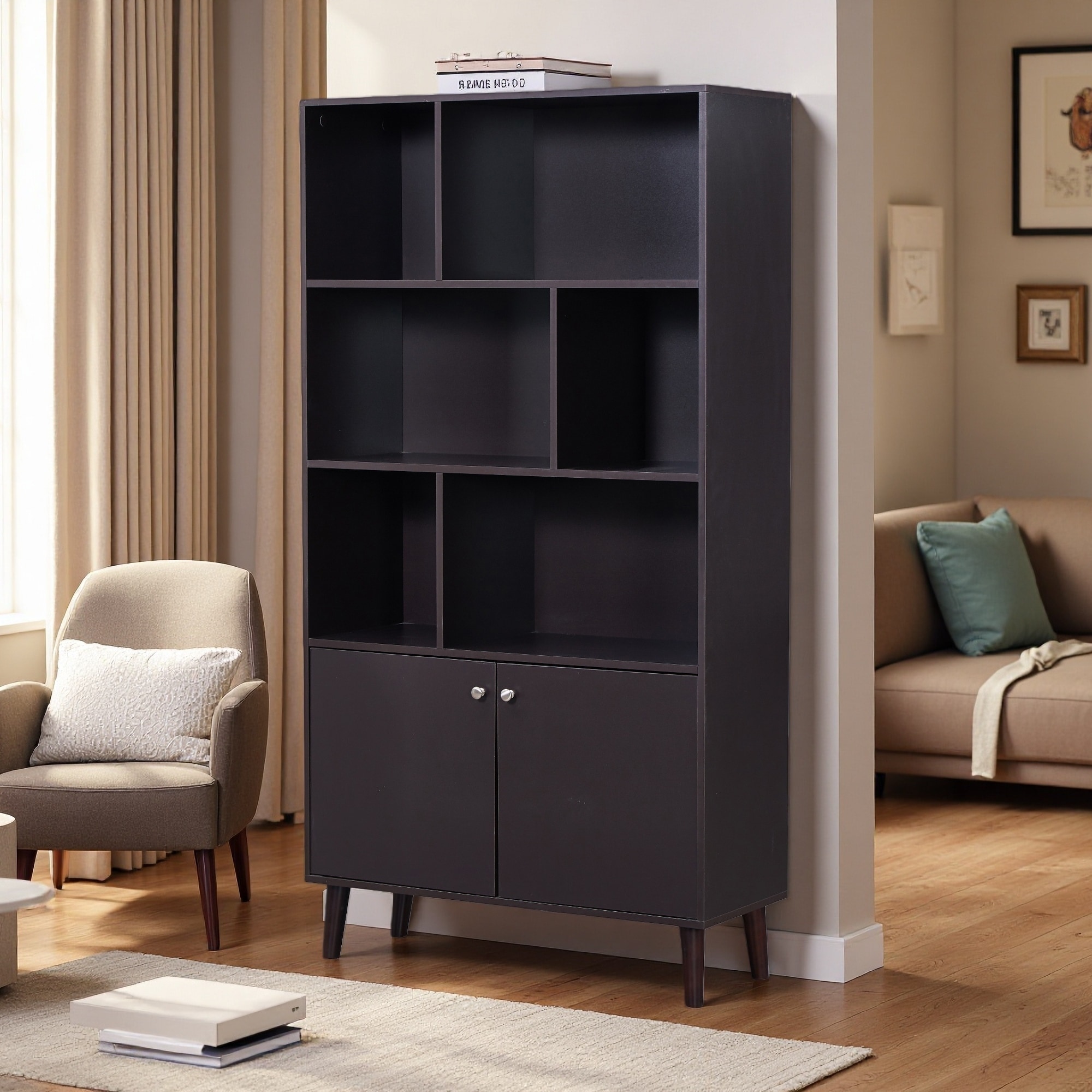 67" MDF Bookcase with Doors 3-Tier Storage Shelf, Large Capacity Bookshelf with Closed Cabinets for Living Room, Bedroom, Office