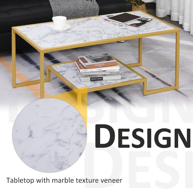 HOMCOM Minimalist Art Deco Coffee Table with Laminate Marble Print Table Top & Underneath Storage Shelf, White & Gold