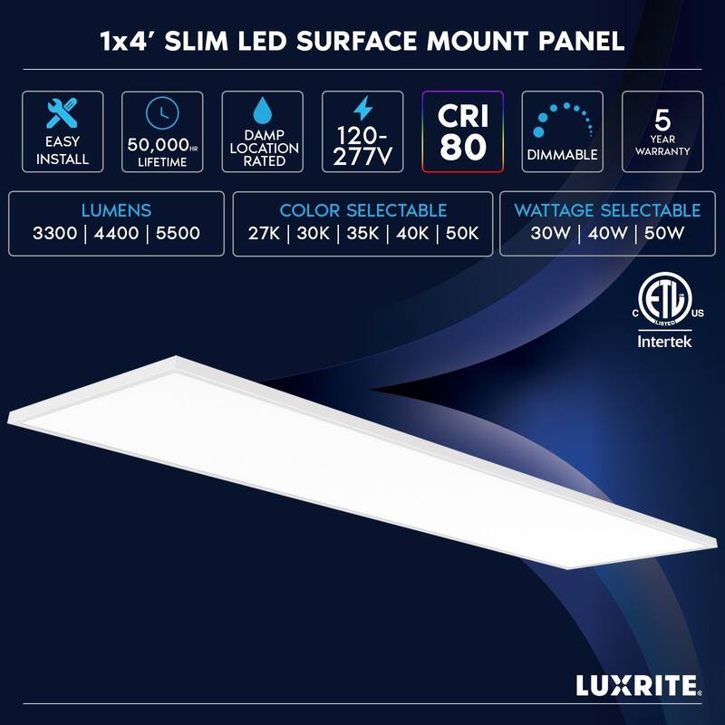 LUXRITE 1x4 FT. Slim Surface Mount Panel Light 5CCT Dimmable 3300/4400/5500 Lumens 30/40/50W Edge Lit 2 Pack
