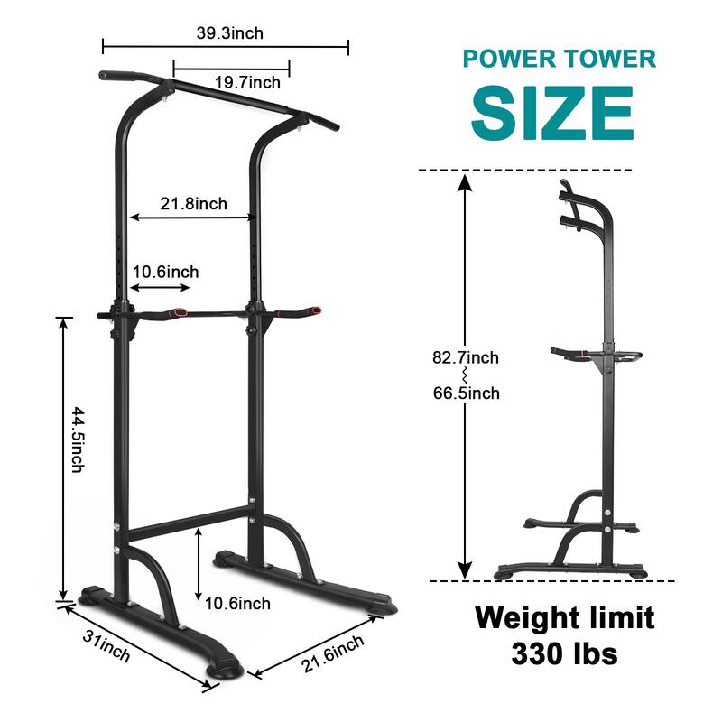 Roomfitters Power Tower Dip Station, Adjustable Height, Heavy Duty Multi-Function Fitness Training Equipment, Black