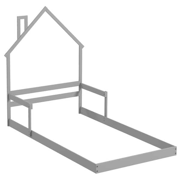 slide 2 of 33, Costway Twin Size Floor Bed for Kids with Chimney Headboard & Handrail