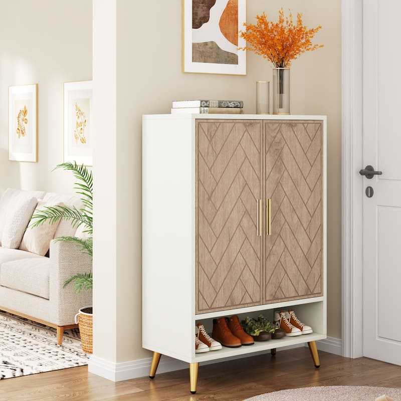 Wood and Metal 2-door Shoe Storage Cabinet with Adjustable Shelves for Entryway