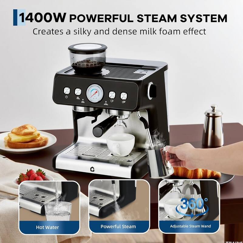 Espresso Coffee Machine with Grinder & 20 Bar Pressure, 2.8L Removable Water Tank, Black