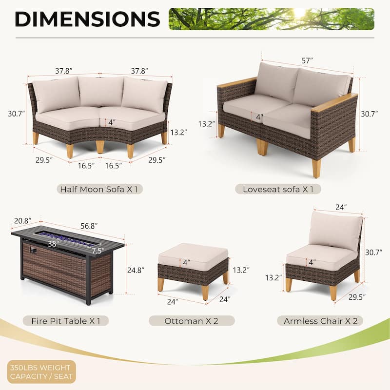 6-11 Piece Patio Outdoor Wicker Sectional Sofa Half-Moon Furniture Set Large Seating Conversation Sets with Fire Pit Table