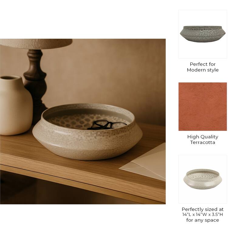 Decorative Round Abstract Terracotta Bowl - 14", White - 14.0"