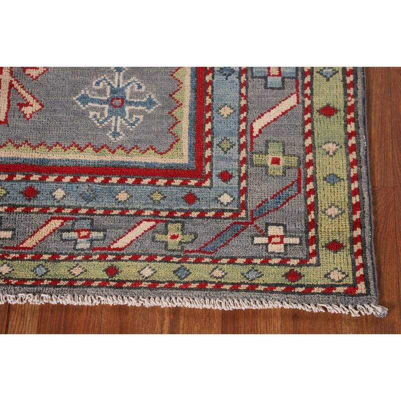 Gray Geometric Kazak Oriental Accent Rug Hand-Knotted Wool Carpet - 3'4"x 5'0"